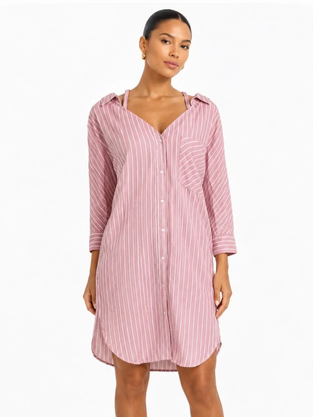 MAJE Pink & White Striped Button-Front Shirt Dress Size Small